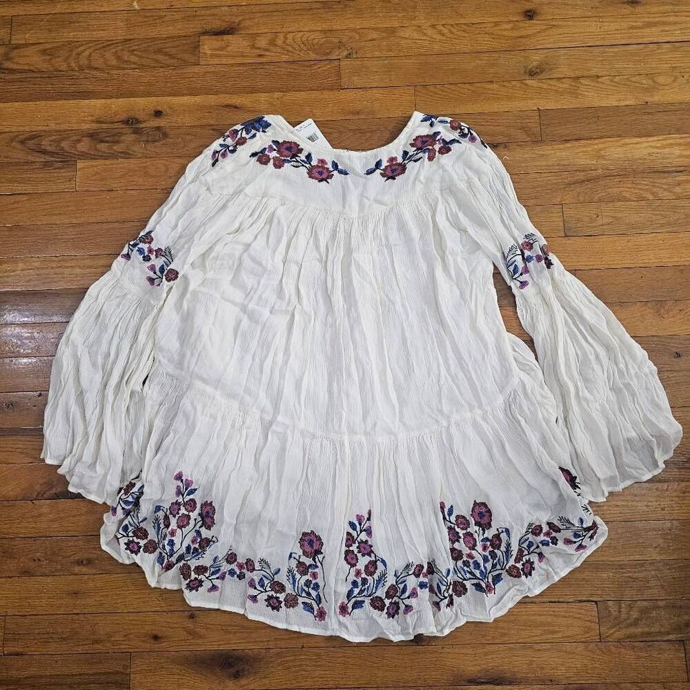 Free People Te amo White Embroidered Boho Tunic Mini Dress Top Bell Sleeves S - Picture 9 of 10